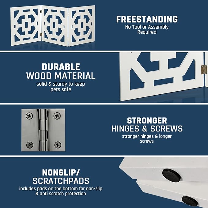 Bundaloo Freestanding Dog Gate Expandable Decorative Wooden Fence for Small to Medium Pet Dogs, Barrier for Stairs, Doorways, & Hallways