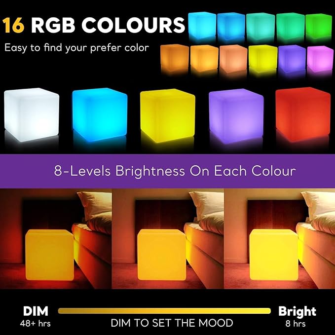 20-in LED Cube Chair, Cordless Rechargeable LED Cube Light Table, 16 Colors Glowing Light Up Cubes, Waterproof Glow Cubes Floor Lamp, Dimmable Cosmic Tesseract Mood Lamp for Bedroom Patio Garden Party
