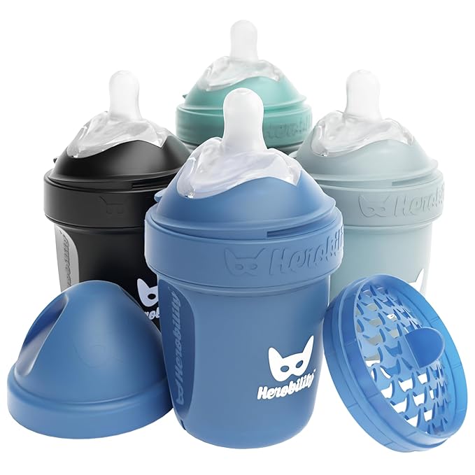 Herobility Double Anti-Colic Baby Bottles – 5 fl oz/140ml – 4-Pack – Multicolor – Denim, Black, Dusky Green, Gray