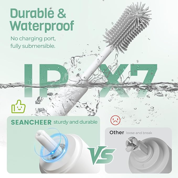 SEANCHEER S02 Electric Bottle Brush Set, Portable Baby Bottle Brush Cleaner, AA Battery-Powered & IPX7 Waterproof, with Silicone Bottle/Nipple/Sponge/Straw Brush, for New Parents (Extra-Long)