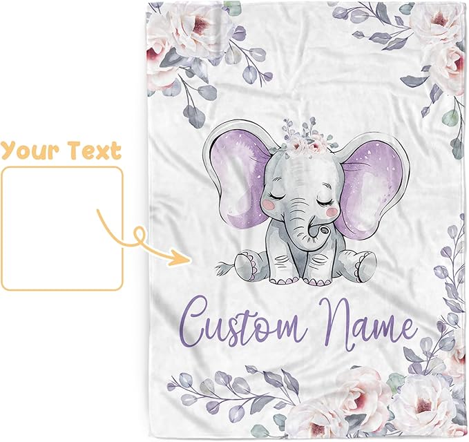 Custom Baby Blanket, Personalized Name Baby Blanket for Boy Girl, Purple Elephant Double Layer Dotted Backing Receiving Swaddle Blankets, Nursery Newborns New Parents Customized Gift(60"x80")