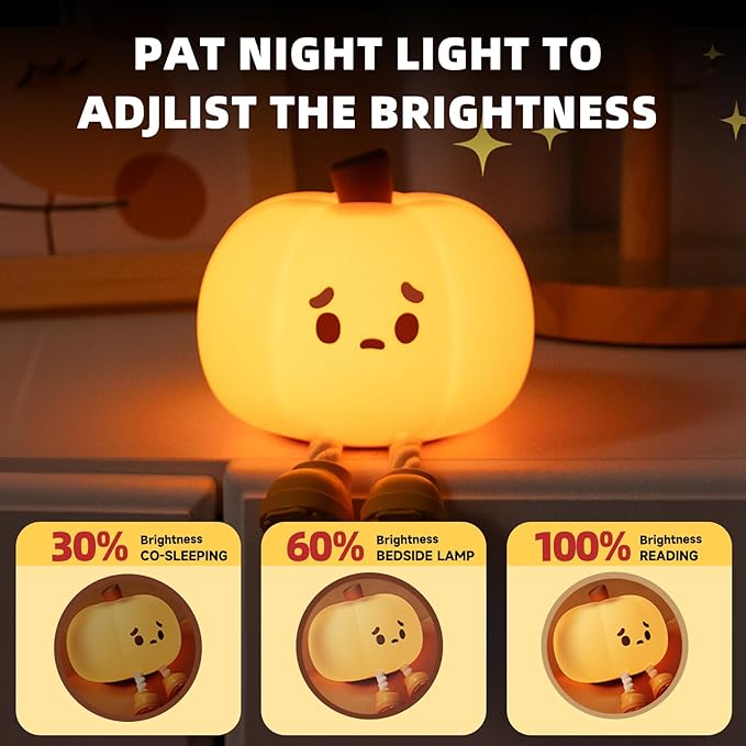 Pumpkin Night Light, Cute Pumpkin Decor Silicone Night Lamp with 3 Level Dimmable Bedside Lamp Halloween Night Light Nursery Nightlight Dorm Decor，Silicone Touch Light, Breastfeeding for Baby