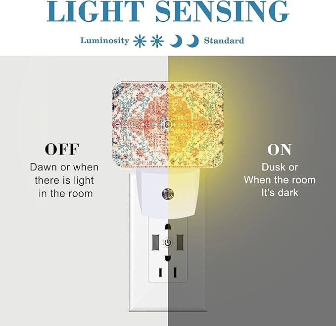 Retro Ethnic Texture Night Light Plug into Wall, Vintage Bohemian Night Light with Dusk to Dawn Sensor for Kid Girls Boys Women Men Bedroom, Hallway, Kitchen, Bathroom, Stairs Decor