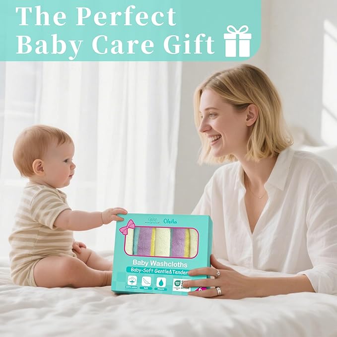 VOOVA & MOVAS 6 Pack 100% Cotton Baby Washcloths | 12x12 Inches | Highly Absorbent | Ultra-Soft Newborn Towels | Perfect Set,Baby Essentials |Rainbow & Ivory Colors