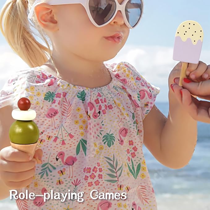 Wooden Ice Cream Play Set for Kids – 24 PCS Pretend Ice Cream Toy Counter with Cones, Popsicles, Toppings, Sauces & Spoons – Wooden Play Food Toys, Role Kitchen Accessories for Toddlers 3-5