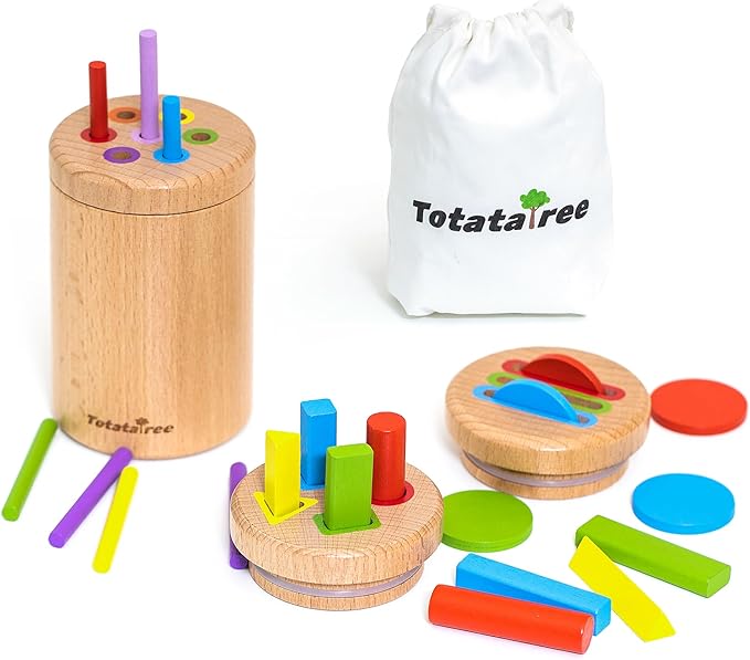 Wooden Montessori 3-in-1 Sensory Matching Games Play Set, Color & Shape Sorting Coin Box for Ages 2-4, Toddler Learning Toy