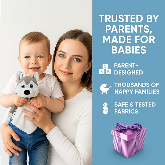 Love By Emi Baby Music Lovey Grey & White Husky, Baby Sleep Soother for Crib & Cuddle Bedtime, White Noise with Heartbeat & Lullaby, Plush Sound Toy, Stuffed Animal for Newborns, Infants & Toddlers