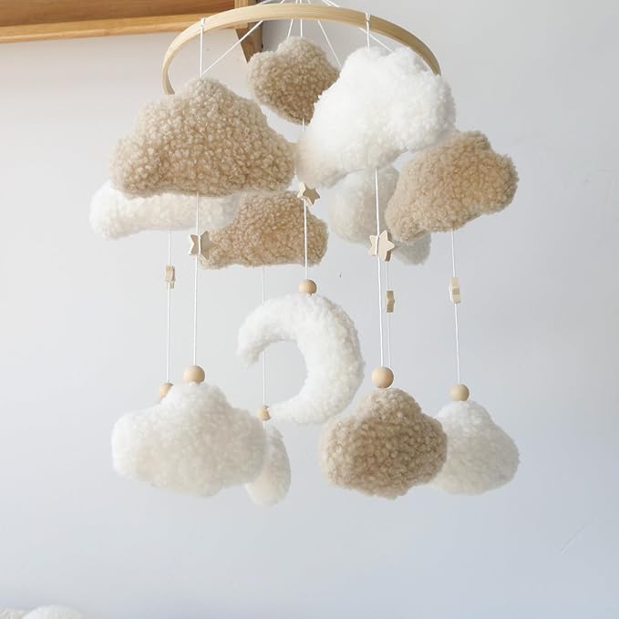 Neutral Boho Cloud Mobile for Crib with Moon Neutral Baby Crib Mobile Boho Crib Mobile Boucle Baby Mobile for Crib Bassinet