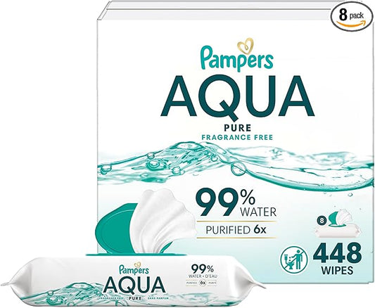 Pampers Aqua Pure Baby Wipes, 99% Water, Fragrance Free, 448 Baby Wipes Total (8X Flip-Top Packs) [Packaging May Vary]