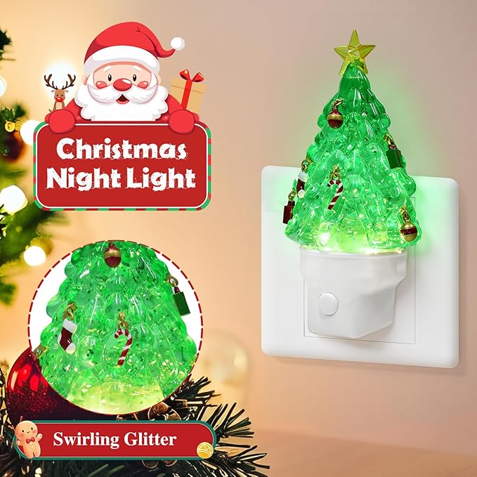 2 Pack Christmas Tree Night Light Plug into Wall Glitter Water Nightlight with USB/Outlet Options, Christmas Tree Decorative Nightlight for Bedroom Kitchen Nursery Holiday Decorations Gifts (Tree)