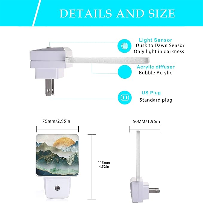 Mountain Night Light,Green Mountains Golden Sunset Plug in Night Lights Auto LED Lamp Energy Saving Square Lights for Boys Girls Men Women