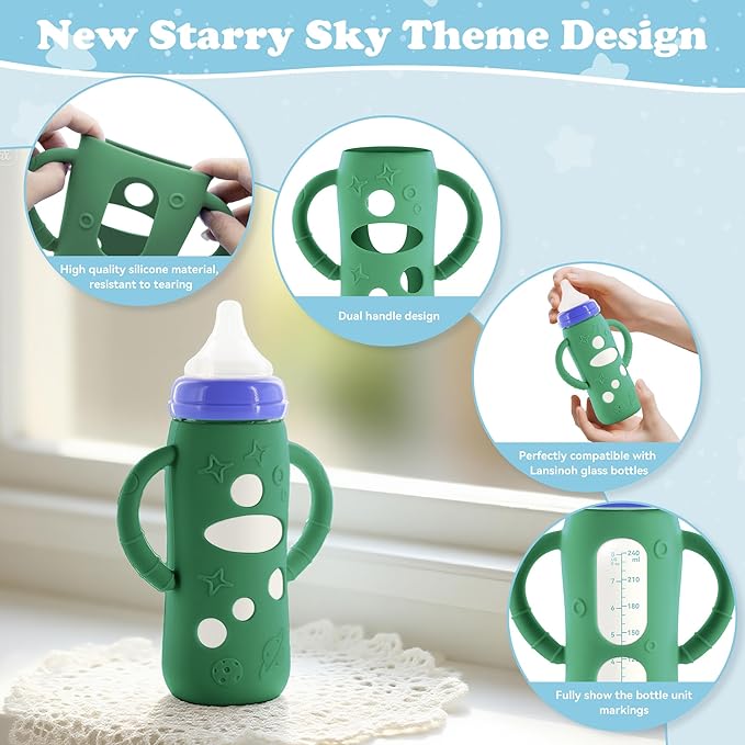 4-Pack Silicone Sleeves for Lansinoh Glass Bottles 8 oz- Starry Sky Design Baby Bottle Holder with Handles,Protectors for Lansinoh Natural Wave Glass Bottles, Anti-Scald Feeding Supplies