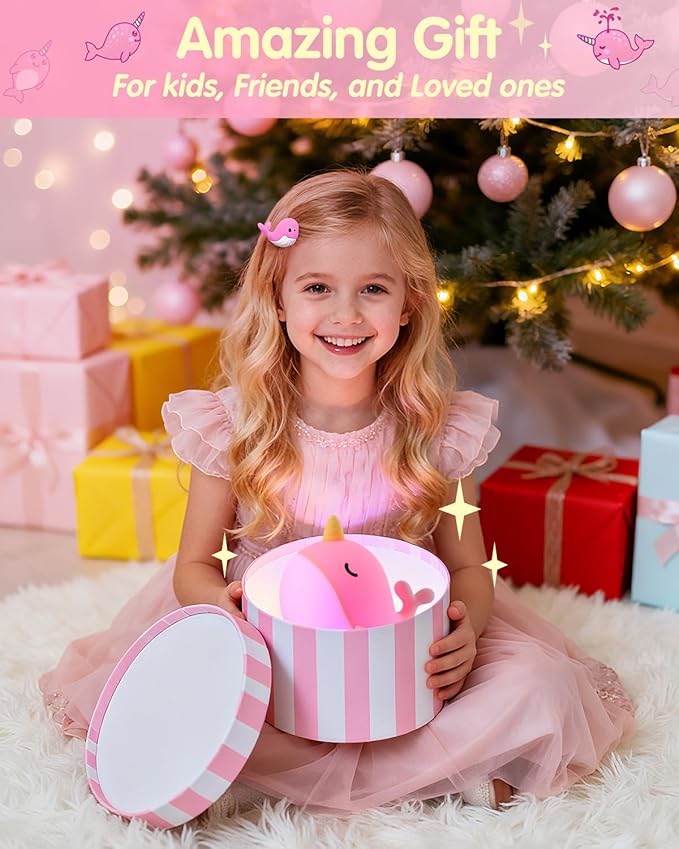 Fuloon Narwhal Night Light with Whale Shape, Squishy Silicone Kids Lamp, Safe & Soothing Touch Control for Kids and Babies, USB-C Rechargeable, 30-Min Auto Timer, Gift Idea (Pink)