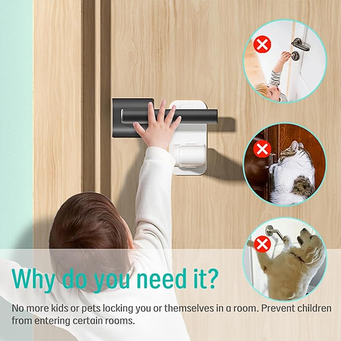 Door Lever Lock (2 Pack) - Prevents Toddlers from Opening Doors, 3M Adhesive, Durable ABS Door Handle Baby Proof - Easy One Hand Operation for Adults(White)