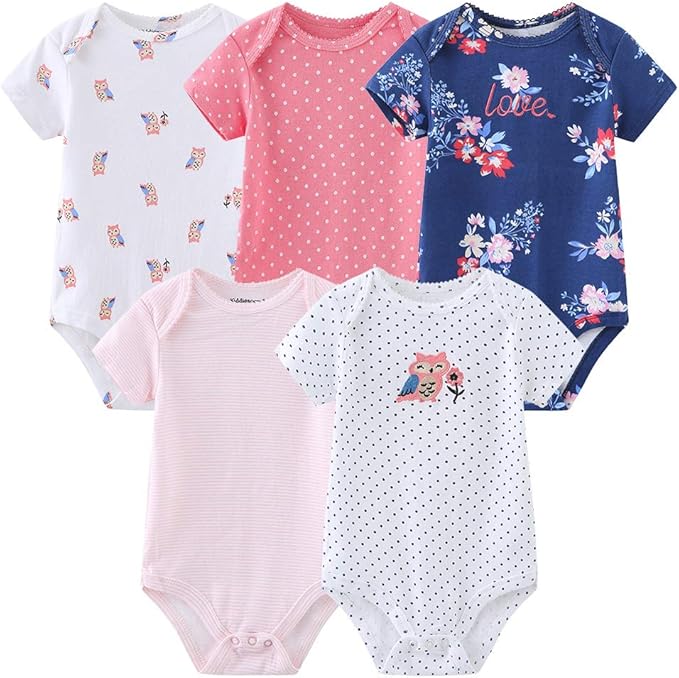 Kiddiezoom Newborn Baby Unisex Cotton One-Piece Bodysuits Baby Gift 5-Pack Baby Clothes