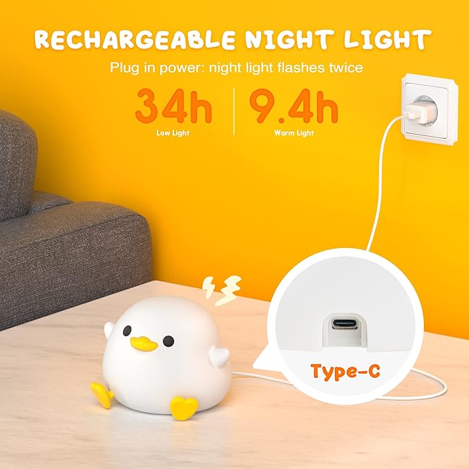 UNEEDE LED Cute Bean Duck Night Light, DoDo Duck Silicone Nursery Night Light Squishy Dimmable Rechargeable Table Bedside Lamp with Touch Sensor for Bedrooms, Living Room Unique Dorm Decor Gift Toy