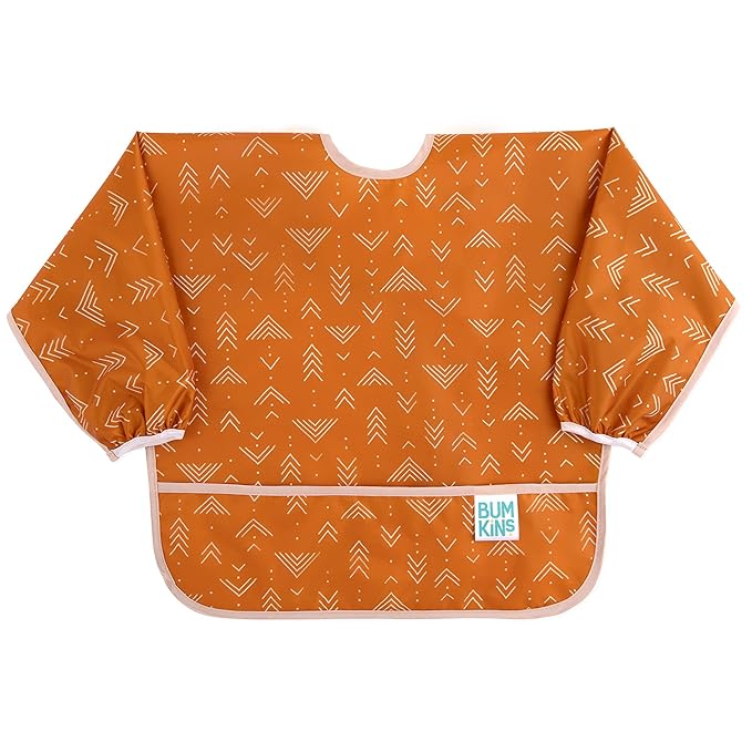 Bumkins Sleeved Bib for Girl or Boy, Baby and Toddler for 6-24 Mos, Essential Must Have for Eating, Feeding, Baby Led Weaning Supplies, Long Sleeve Mess Saving Food Catcher, Soft Fabric, Boho Orange