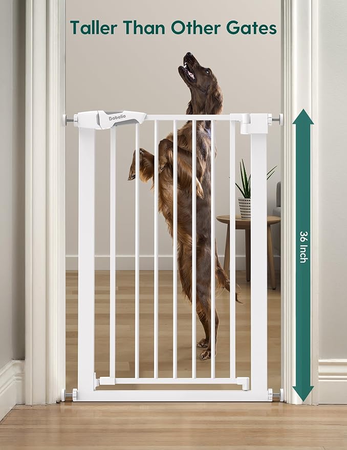 BABELIO 36" Tall Narrow Baby Gate, 26-28.5" Wide Auto-Close Metal Pet Gate for Small Stairs/Doorways/Hallways, Pressure/Hardware Mounted for Child and Pets, NO Extensions, White