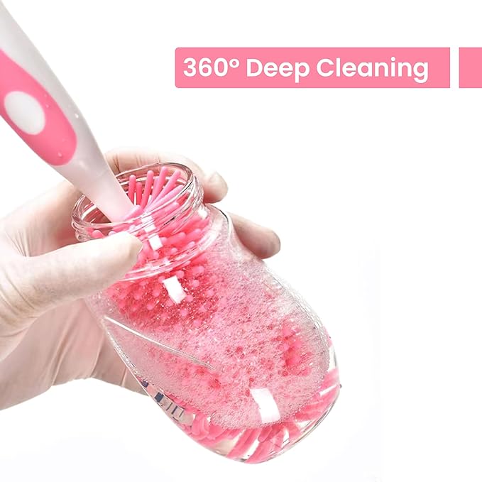 5-in-1 Baby Bottle Brush Set, Including Nylon and Silicone Bottle Brush, Cap, Straw, Nipple Brushes, BPA-Free (Pink)