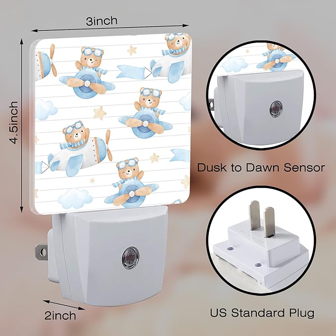 Cute Adventure Bear in Airplane Night Light, Cartoon Animal Dusk to Dawn Night Light Plug in,0.5w Energy Saving Sleep Friendly NightLight for Kids Boys Girls Home Decor