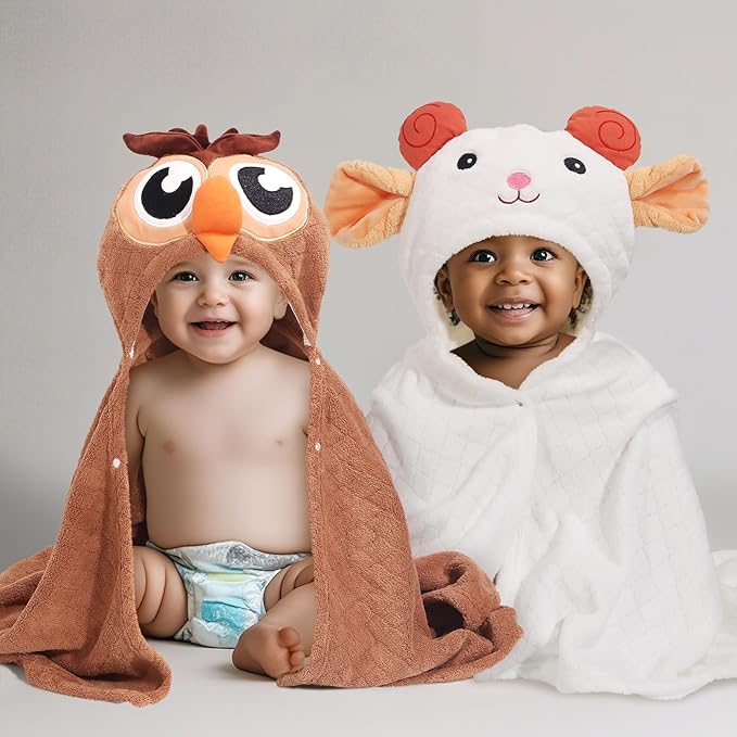 Kids Bath Towels for Boy Girl 0-5 Years, 2-Pack Soft & Absorbent Hooded Towel for Baby with Large Size50 x32, Luxuriously Thick and Plush Coral Fleece with Buttons White Sheep & Brown Owl