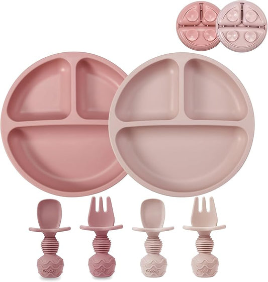PandaEar 2 Pack Toddler Divided Suction Plates with 2 Spoons 2 Forks for Babies | Silicone Baby Led Weaning Supplies Self Feeding Eating Utensils | BPA-Free Silicone Baby Feeding Set -Pink