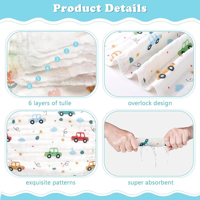 Baby Burp Cloths Muslin Washcloths 6 Pack Muslin Burp Cloths 100% Cotton Large 20''x12'' Soft 6 Layers Baby Burp Rags for Boys Girls Baby Essentials for Newborn Gift Machine Washable