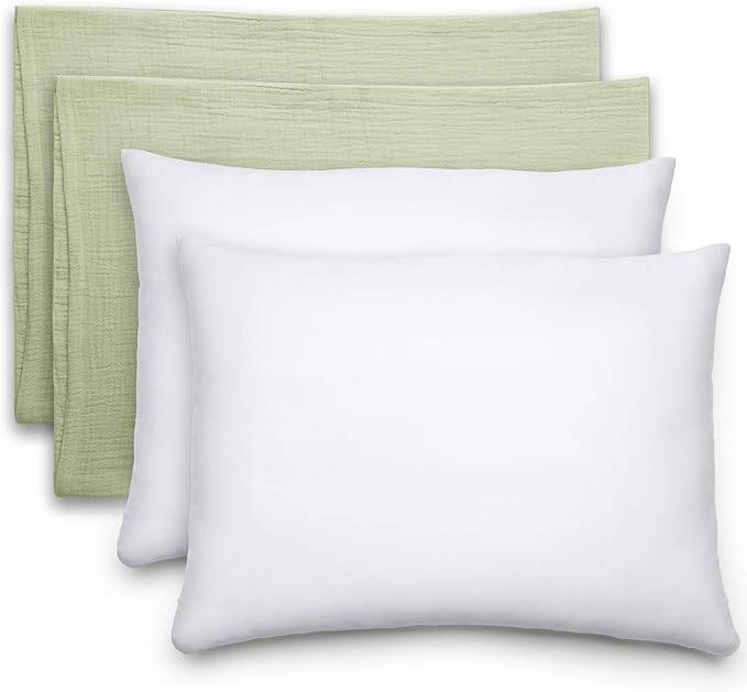 Comfy Cubs Toddler Pillow with Muslin Pillowcase, 13 x 18 in, 2 Pack - Travel and Sleep Support for Kids - Lightweight, Breathable Microfiber Fill - Soft and Cozy Small Pillow for Toddlers - Sage