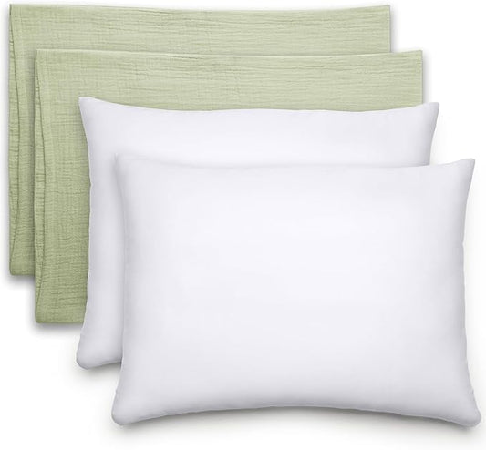 Comfy Cubs Toddler Pillow with Muslin Pillowcase, 13 x 18 in, 2 Pack - Travel and Sleep Support for Kids - Lightweight, Breathable Microfiber Fill - Soft and Cozy Small Pillow for Toddlers - Sage