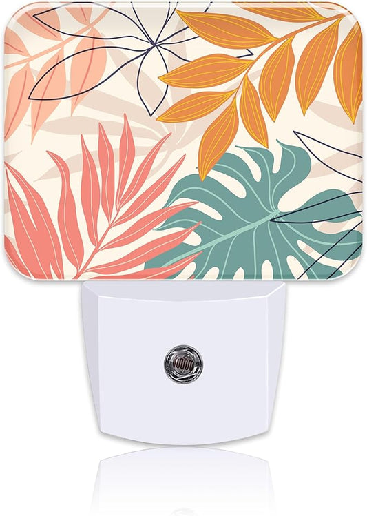 Abstract Art Plant Night Light Plug into Wall, Leaves Lines Night Light with Dusk to Dawn Sensor for Kid Girls Boys Women Men Bedroom, Hallway, Kitchen, Bathroom, Stairs Decor