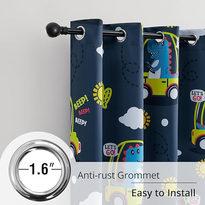 Kids Dinosaur Blackout Curtains - 2 Panels, Each W52*L63 with 100% Blackout, Thermal Insulated, and Noise Reducing, Perfect for Kids Room, Bedroom, Nursery