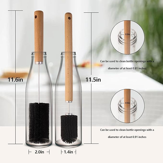 Baby Bottle Cleaner Brush Set Long Handle Silicone and Sponge Cleaning Brush for Beer Bottles, Cups, Wine Glasses, Coffee Mugs, Tumblers, Thermos,Replaceble Brush Head (4-Pack)
