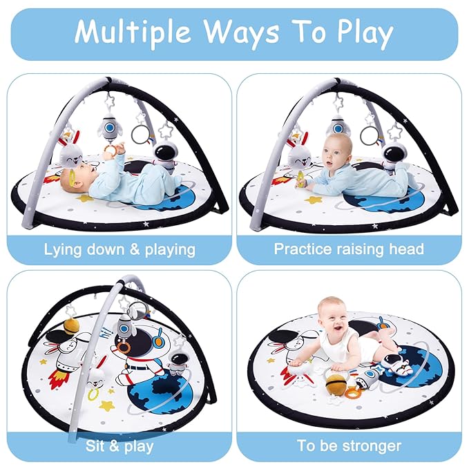 Lovvie & Joy Baby Play Activity Gym Tummy Time Mat for Newborn Infant,Baby Gyms & Playmats for Babies 0-6 9 12 Months with 5 Toys for Early Sensory Exploration and Motor Skill Development Space