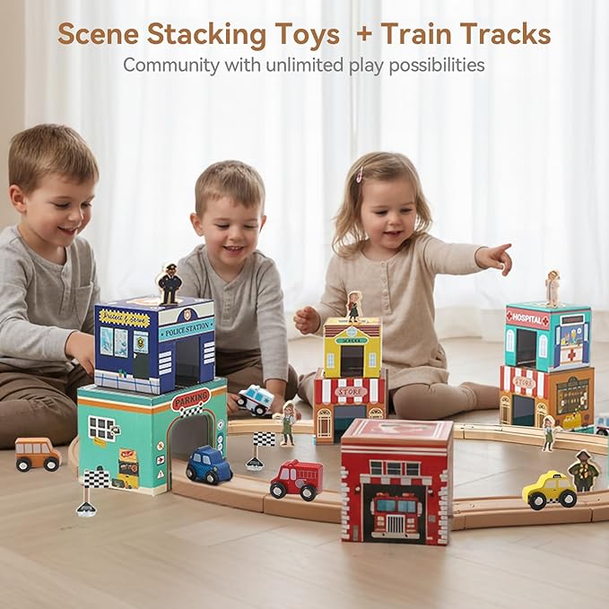 Montessori Scene with Train Tracks Set for Kids, Sorting & Stacking Blocks Toys with Wooden Cars & Community Helpers,Toddler Number Blocks Nesting Boxes, Preschool Learning Toys for Boys Girls Gift