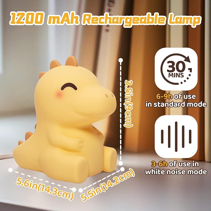 Mewaii Huggwaii Squishy Dinosaur Night Light for Kids, 4 White Noise Dimmable Silicone Kids Night Light, Long Battery Life Rechargeable Dinosaur Lamp,Toddler Nightlight,Boys & Baby Gifts Room Decor