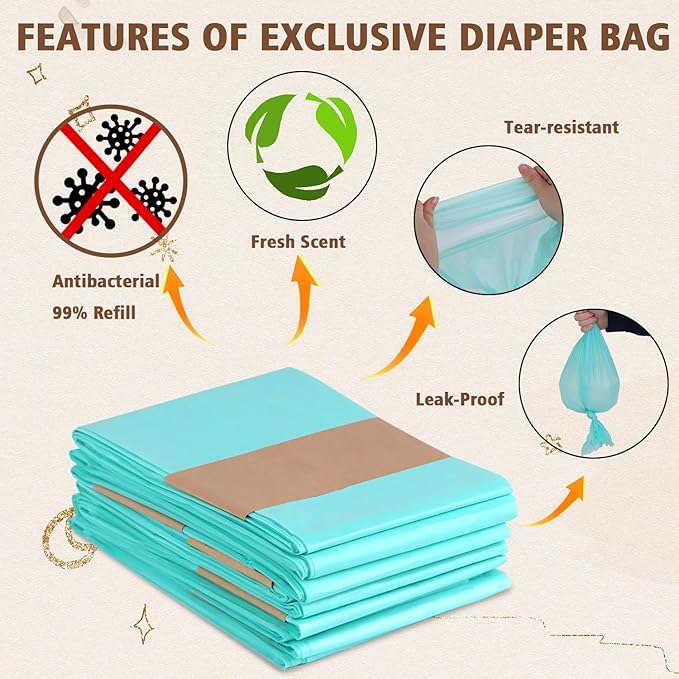Refill Diaper Pail Bags Compatible with Dekor Classic Diaper Pails | 5 Pack | Diaper Pail Refills with 30% Extra Thickness | Baby Powder Fragrance | Holds up to 2750 Diapers.