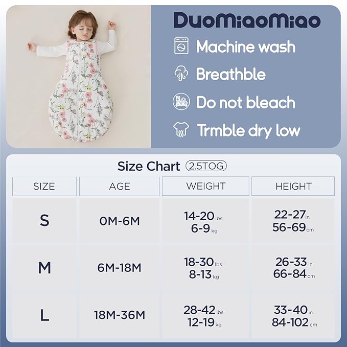 Duomiaomiao 2.5 TOG Baby Sleep Sack 100% Cotton Winter Baby Wearable Blanket, Warm Quilted Comfy Toddler Sleeping Sack