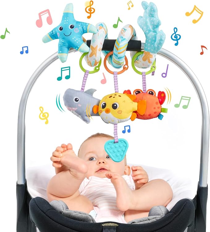 Jollybaby Crib Stroller Car Seat Toys for Baby 0-3-6-9-12 Months, Tummy Time Hanging Sensory Toys for Newborn with Music Box and Teether, Spiral Carseat Toy for Infant Boys Girls Gifts (Blue)
