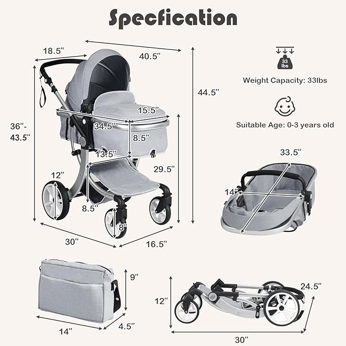 BABY JOY 2-in-1 High Landscape Baby Stroller, Reversible Bassinet Reclining Stroller, Foldable Push Chair w/Adjustable Canopy, Storage Bag, Foot Cover, Rain Cover & Net, Aluminum Alloy Frame (Gray)