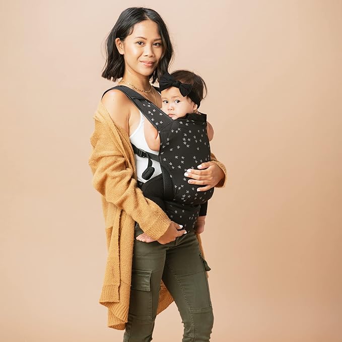 Baby Tula Lite Ripstop Nylon Compact Baby Carrier, Lightweight & Ergonomic Carrier for Travel w/Convenient Storage Hip Pouch, Multiple Carrying Positions for 12lbs to 30lbs - Discover (Black/Stars)