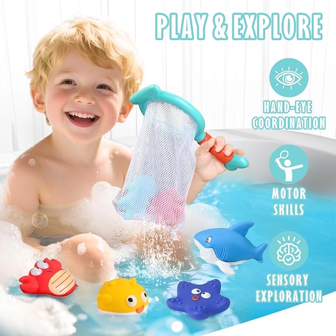 Mold Free Bath Toys for Toddlers No Hole Baby Bathtub Toys with Sea Animals, Seahorse Watering Can, Fishing Net & Storage Bag, Floating Pool Toys for Boys and Girls