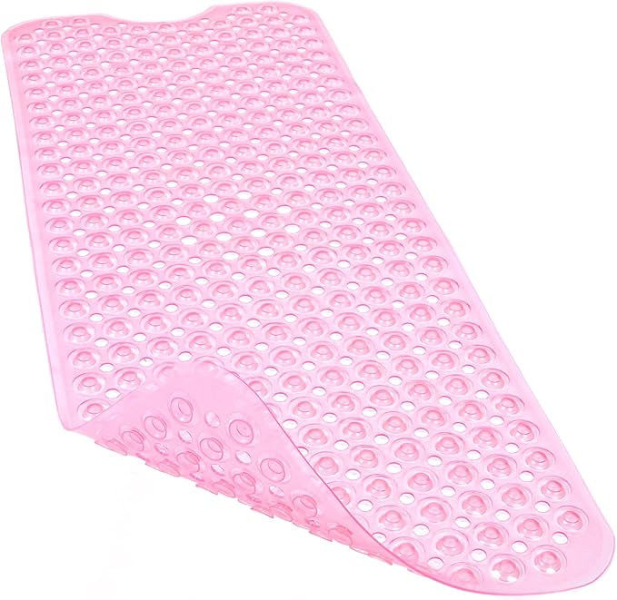 Linoows Bathtub and Shower Mats, 40x16 Inch Extra Large Non Slip Soft Bath Tub Mat with Suction Cups and Drain Holes for Bathroom Floor and Keep Tubs Clean, Machine Washable, Clear Pink
