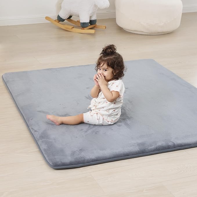 1.3" Thick Baby Floor Play Mat 50x50, Basic Padded Foam Mat for Tummy Time Crawling, Non Slip Cushioned for Babies Toddlers Infants Kids (Light Grey)