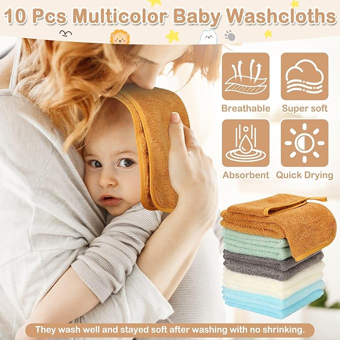 15 Pcs Baby Bath Towels- 5 x Hooded Baby Towels and 10 x Baby Washcloths Set, 32 x 32 Inch Hooded Toddler Towel Bath Blanket Absorbent Hooded for Toddler Infant Newborn Shower Gift for Boys & Girls