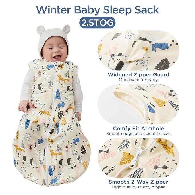 Duomiaomiao 2.5 TOG Baby Sleep Sack 100% Cotton Winter Baby Wearable Blanket, Warm Quilted Comfy Toddler Sleeping Sack