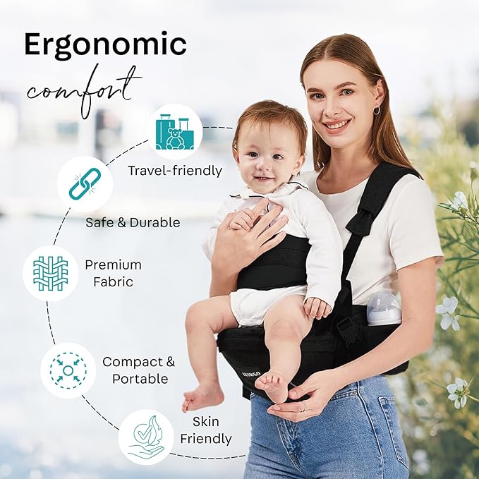 Baby Hip Carrier,Baby Carrier with Shoulder Strap,Adjustable Extended Waistband with Various Pockets-Ergonomic,Baby Carrier for Newborns & Toddlers -Black