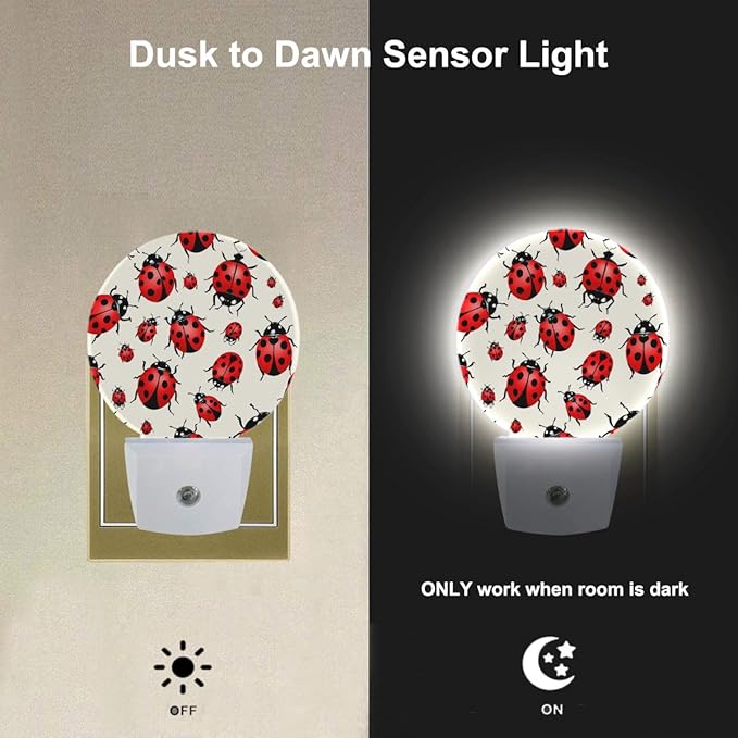 EKOBLA Ladybug Night Lights Plug into Wall Cute Ladybug Flying Animal Red Black Dots Wings Yellow Flowers Auto Sensor LED Dusk to Dawn Light for Bedroom Bathroom Kitchen Corridor