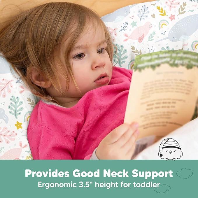 Toddler Pillow with Pillowcase - 13x18 My Little Dreamy Kids Travel Bed Pillows for Sleeping, Organic Cotton Small Pillowcase, Soft & Breathable, Machine Washable, Toddlers 2-5 Years Old (Narwhal)