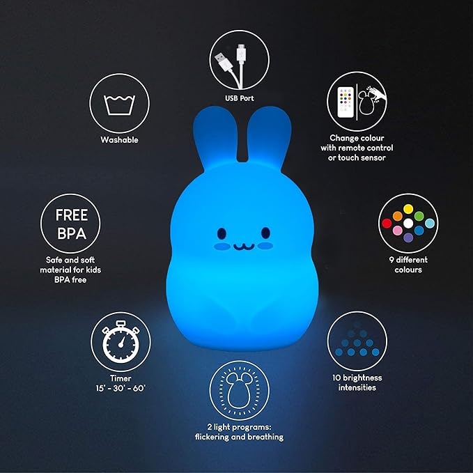 Rabbit Night Lights for Kids, Babies Nursery Lamp, Kids lamp, Child Bedroom Bedside Lamp, Changeable Brightness & Color Children's Table Night-Lights, Holiday Gifts, Child Gift - Medium