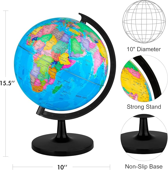 Wizdar 10'' World Globe for Kids Learning, DIY Assemble Educational Rotating World Map Globes Large Size Decorative Earth Children Globe for Classroom Geography Teaching, Desk and Office Decoration
